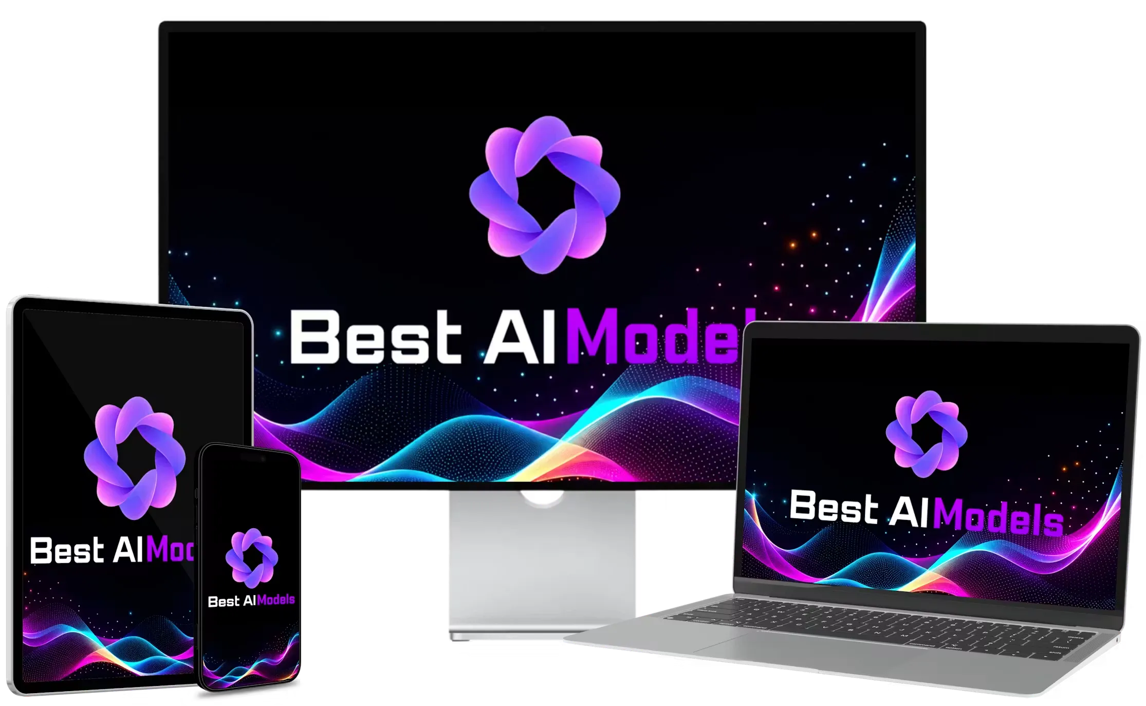 Best AI Models dashboard preview showing the AI logo on desktop, tablet, phone, and laptop screens